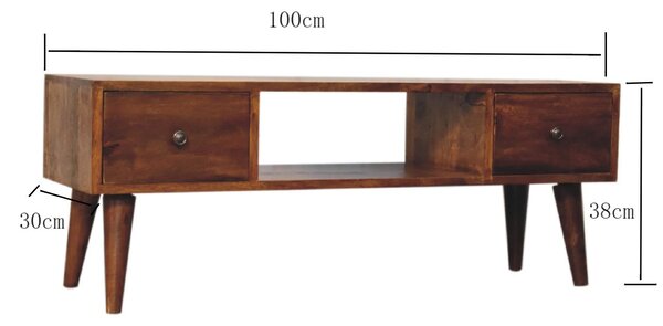Solid Mango Wood Coffee Table with Deep Stain Finish, 2 Drawers, Open Shelf, Handcrafted Desk for Living Room, 30L x 100W x 38H cm, Brown Aosom UK