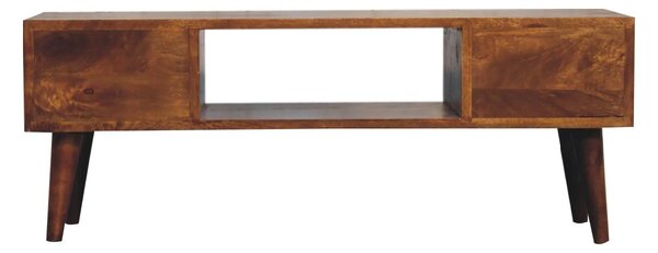 Solid Mango Wood Coffee Table with Deep Stain Finish, 2 Drawers, Open Shelf, Handcrafted Desk for Living Room, 30L x 100W x 38H cm, Brown Aosom UK