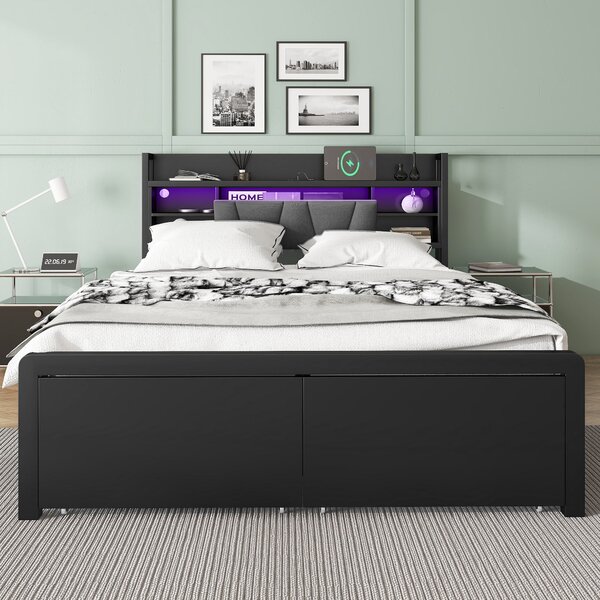 Metal Bed with LED Strip Lights and Charging Ports, Bed Frame with Wheeled Drawers, Padded Storage, 209L x 137.5W x 100H cm, Black Aosom UK