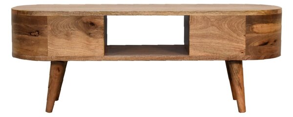 Solid Wood Mini Rounded Entertainment Unit with 2 Smooth‑Gliding Drawers, Handcrafted Table with Open Slot, 30L x 100W x 37H cm, Brown Aosom UK