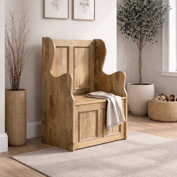 Solid Mango Wood Small Storage Bench with Clear Natural Finish and Storage Box, Storage Stool for Living Room, 35L x 60W x 90H cm, Brown Aosom UK