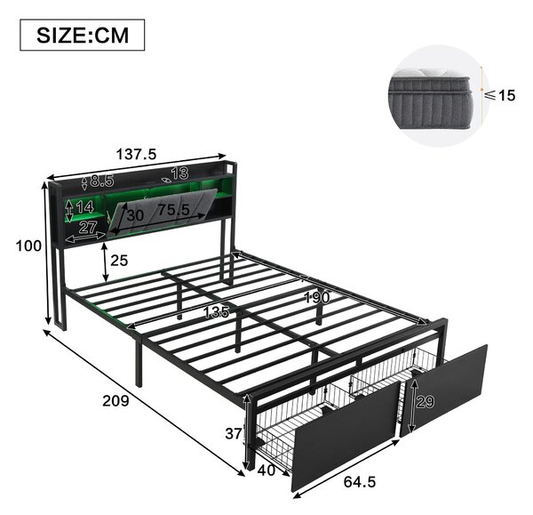 Metal Bed with LED Strip Lights and Charging Ports, Bed Frame with Wheeled Drawers, Padded Storage, 209L x 137.5W x 100H cm, Black Aosom UK