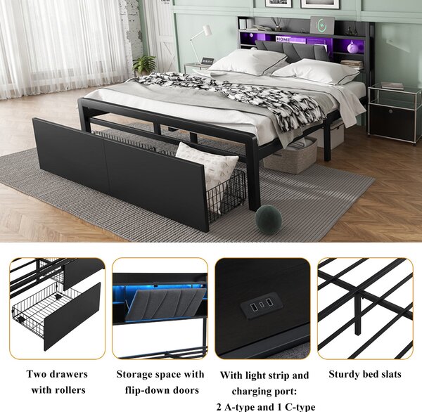Metal Bed with LED Strip Lights and Charging Ports, Bed Frame with Wheeled Drawers, Padded Storage, 209L x 137.5W x 100H cm, Black Aosom UK