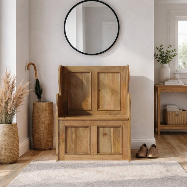 Solid Mango Wood Small Storage Bench with Clear Natural Finish and Storage Box, Storage Stool for Living Room, 35L x 60W x 90H cm, Brown Aosom UK