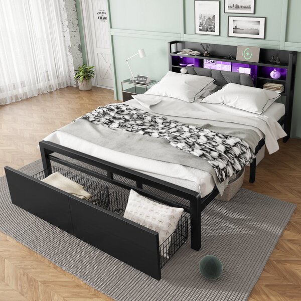 Metal Bed with LED Strip Lights and Charging Ports, Bed Frame with Wheeled Drawers, Padded Storage, 209L x 137.5W x 100H cm, Black Aosom UK