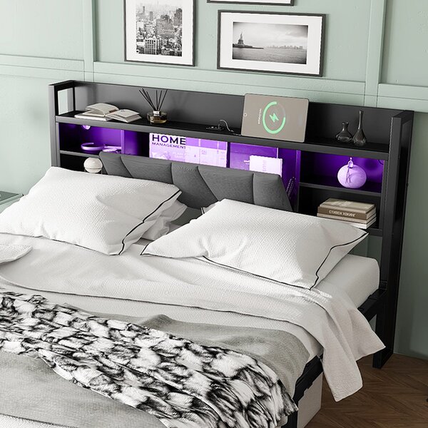 Metal Bed with LED Strip Lights and Charging Ports, Bed Frame with Wheeled Drawers, Padded Storage, 209L x 137.5W x 100H cm, Black Aosom UK