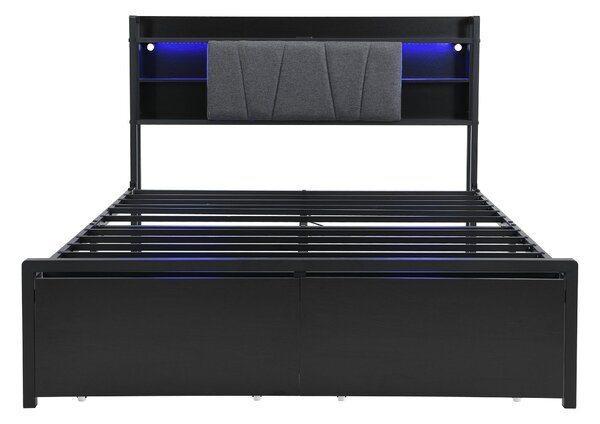 Metal Bed with LED Strip Lights and Charging Ports, Bed Frame with Wheeled Drawers, Padded Storage, 209L x 137.5W x 100H cm, Black Aosom UK