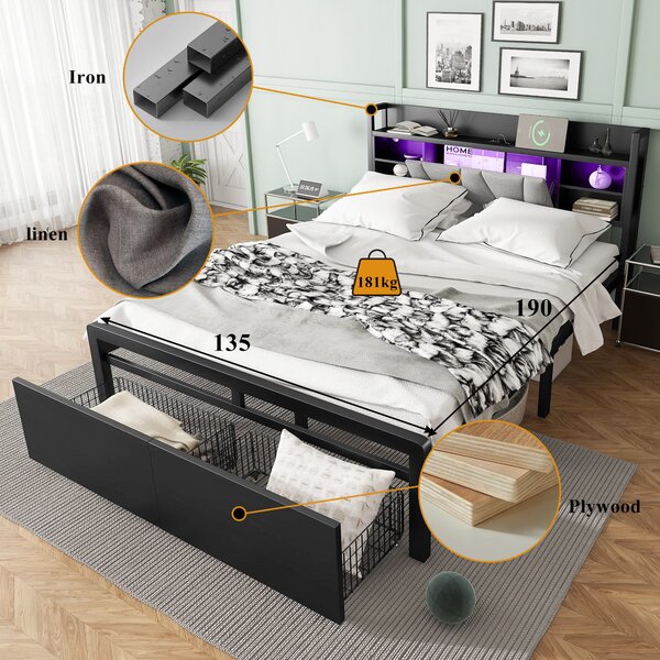 Metal Bed with LED Strip Lights and Charging Ports, Bed Frame with Wheeled Drawers, Padded Storage, 209L x 137.5W x 100H cm, Black Aosom UK