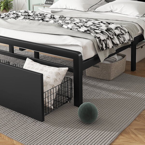 Metal Bed with LED Strip Lights and Charging Ports, Bed Frame with Wheeled Drawers, Padded Storage, 209L x 137.5W x 100H cm, Black Aosom UK