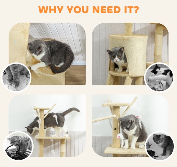 PawHut Multi-Level Cat Tower, 134cm Cat Tree with Condo and Sisal Scratching Posts for Indoor Kittens, Beige