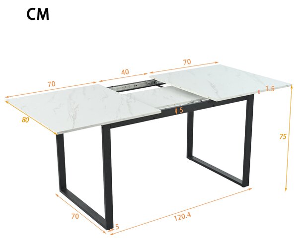 Telescopic Oblong Dining Table with Iron Metal Legs, MDF Marble Top, Extendable Table for Dining Room, Living Room, 180x80x75 cm, White Aosom.UK