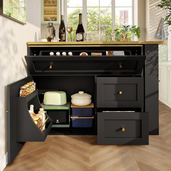 Extendable Bar Table with Storage Space, 360° Rotating Base, Snack Shelf, Bistro Table with Folding Drawers, 204L x 39W x 105H cm, Black Aosom UK