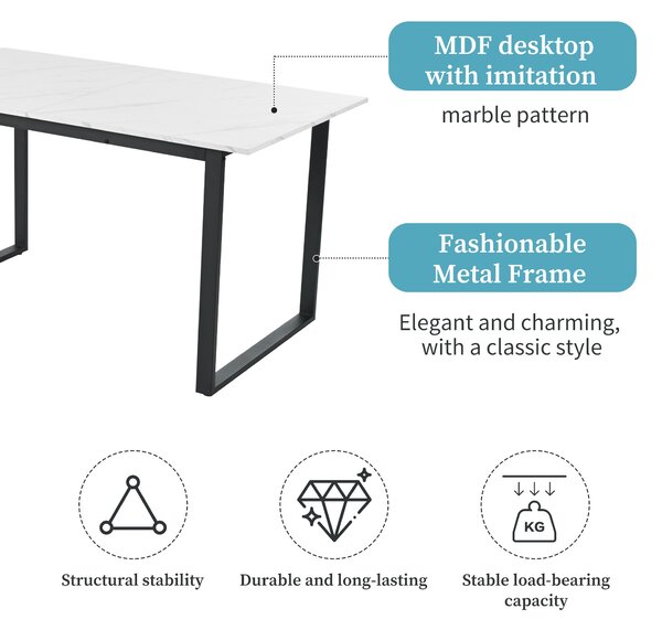 Telescopic Oblong Dining Table with Iron Metal Legs, MDF Marble Top, Extendable Table for Dining Room, Living Room, 180x80x75 cm, White Aosom.UK