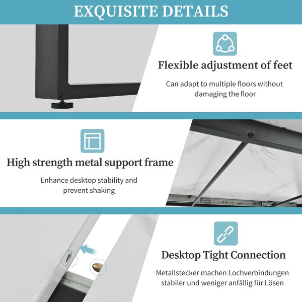 Telescopic Oblong Dining Table with Iron Metal Legs, MDF Marble Top, Extendable Table for Dining Room, Living Room, 180x80x75 cm, White Aosom.UK