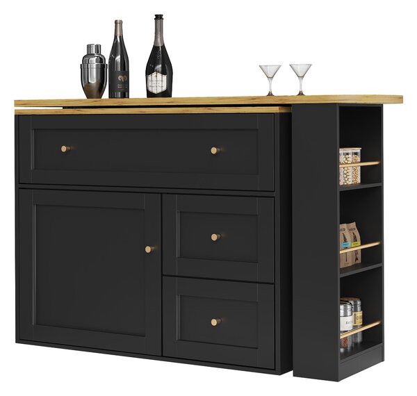 Extendable Bar Table with Storage Space, 360° Rotating Base, Snack Shelf, Bistro Table with Folding Drawers, 204L x 39W x 105H cm, Black Aosom UK