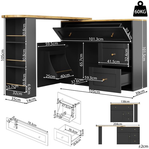 Extendable Bar Table with Storage Space, 360° Rotating Base, Snack Shelf, Bistro Table with Folding Drawers, 204L x 39W x 105H cm, Black Aosom UK