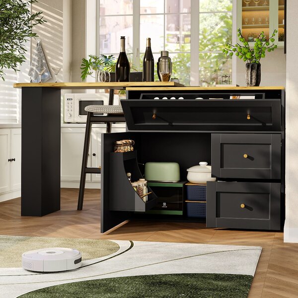 Extendable Bar Table with Storage Space, 360° Rotating Base, Snack Shelf, Bistro Table with Folding Drawers, 204L x 39W x 105H cm, Black Aosom UK