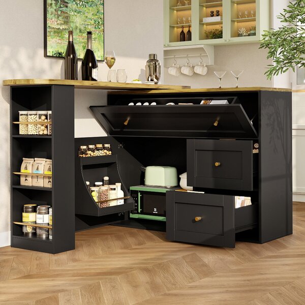 Extendable Bar Table with Storage Space, 360° Rotating Base, Snack Shelf, Bistro Table with Folding Drawers, 204L x 39W x 105H cm, Black Aosom UK