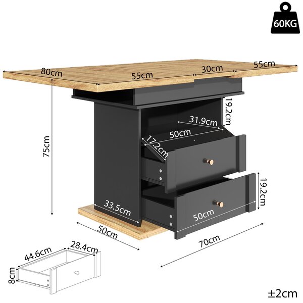 Telescopic Foldable Kitchen Table for 4-6 People with Soft-Close System, Dining Table for Kitchen, 110L x 80W x 75H cm, Black+Natural Aosom UK
