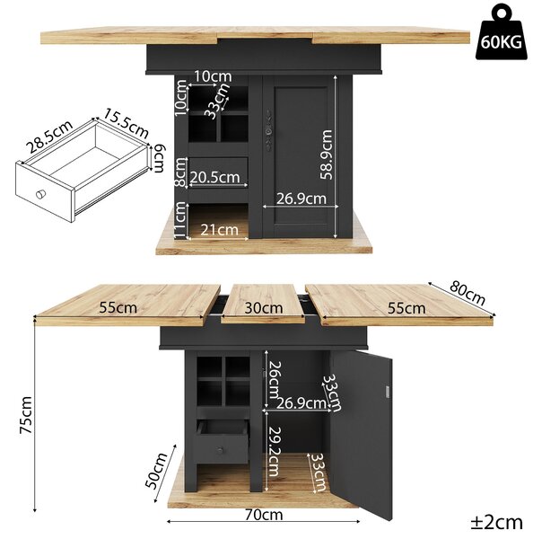 Extendable Dining Table with Modern Design for 4-6 People, Kitchen Table with Wine Rack and Drawers, 110L x 80W x 75H cm, Black+Natural Aosom UK
