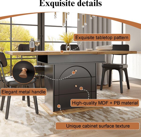 Telescopic Foldable Kitchen Table for 4-6 People with Soft-Close System, Dining Table for Kitchen, 110L x 80W x 75H cm, Black+Natural Aosom UK