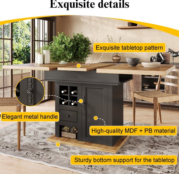 Extendable Dining Table with Modern Design for 4-6 People, Kitchen Table with Wine Rack and Drawers, 110L x 80W x 75H cm, Black+Natural Aosom UK