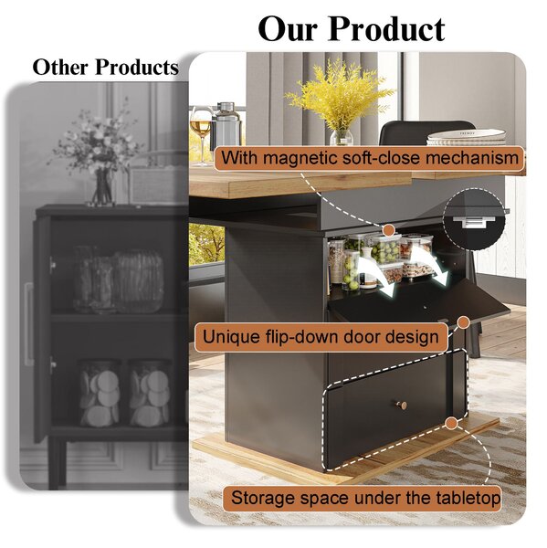 Telescopic Foldable Kitchen Table for 4-6 People with Soft-Close System, Dining Table for Kitchen, 110L x 80W x 75H cm, Black+Natural Aosom UK