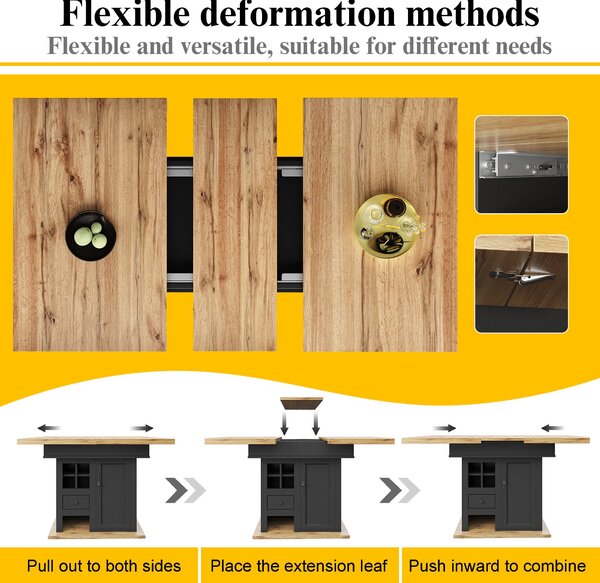 Extendable Dining Table with Modern Design for 4-6 People, Kitchen Table with Wine Rack and Drawers, 110L x 80W x 75H cm, Black+Natural Aosom UK