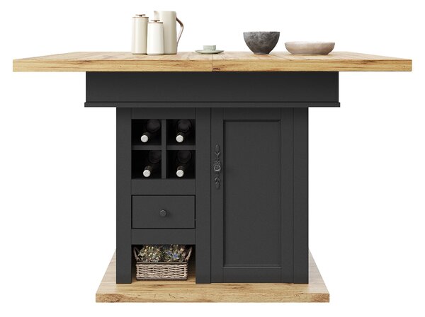 Extendable Dining Table with Modern Design for 4-6 People, Kitchen Table with Wine Rack and Drawers, 110L x 80W x 75H cm, Black+Natural Aosom UK