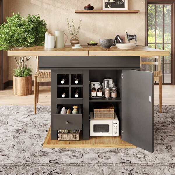 Extendable Dining Table with Modern Design for 4-6 People, Kitchen Table with Wine Rack and Drawers, 110L x 80W x 75H cm, Black+Natural Aosom UK