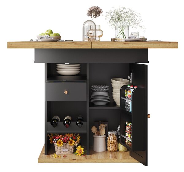 Telescopic Dining Table with Snack Shelf and Wine Rack for 4-6 People, Kitchen Table for Modern Living, 110L x 80W x 75H cm, Black+Natural Aosom UK