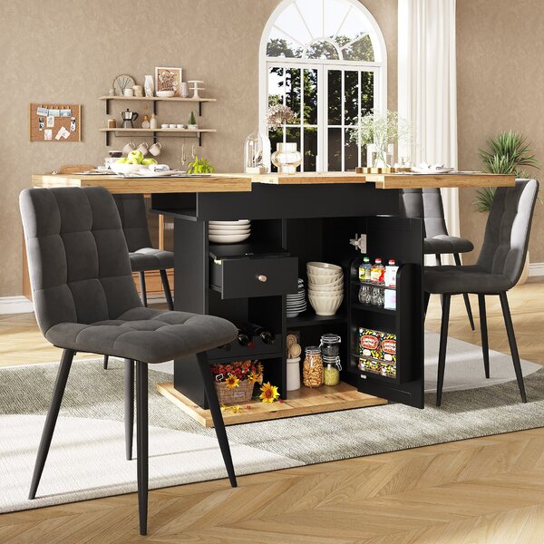 Telescopic Dining Table with Snack Shelf and Wine Rack for 4-6 People, Kitchen Table for Modern Living, 110L x 80W x 75H cm, Black+Natural Aosom UK