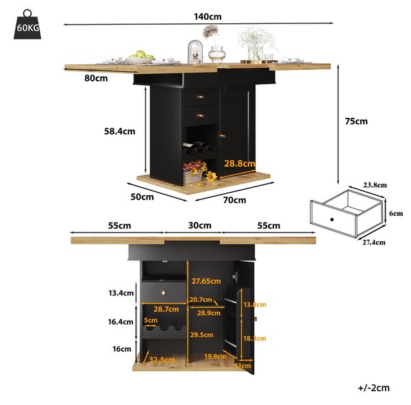 Telescopic Dining Table with Snack Shelf and Wine Rack for 4-6 People, Kitchen Table for Modern Living, 110L x 80W x 75H cm, Black+Natural Aosom UK