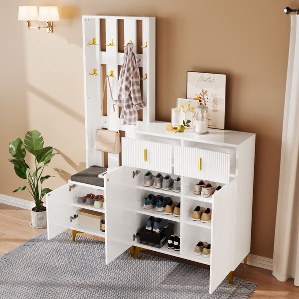 Practical Wardrobe Set with Shoe Bench and Cushion, Wave Texture, Closet Set Perfect for Entryway, 60.5L x 35W x 180.5H cm, White Aosom UK