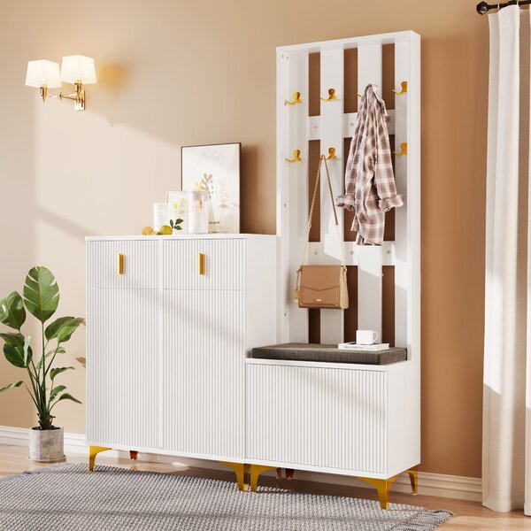 Practical Wardrobe Set with Shoe Bench and Cushion, Wave Texture, Closet Set Perfect for Entryway, 60.5L x 35W x 180.5H cm, White Aosom UK