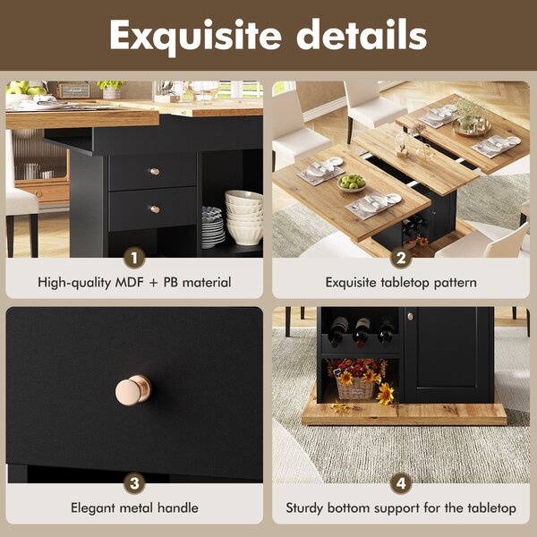 Telescopic Dining Table with Snack Shelf and Wine Rack for 4-6 People, Kitchen Table for Modern Living, 110L x 80W x 75H cm, Black+Natural Aosom UK