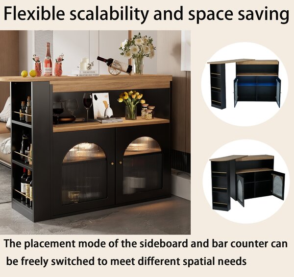 Modern Extendable Dining Table with Storage and LED Strip, Kitchen Island with Extendable Swivel Dining Table, 138-193x39x105 cm, Black Aosom UK