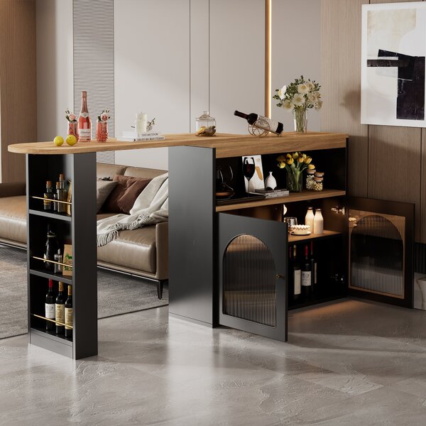 Modern Extendable Dining Table with Storage and LED Strip, Kitchen Island with Extendable Swivel Dining Table, 138-193x39x105 cm, Black Aosom UK