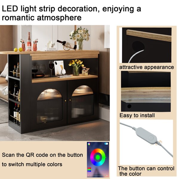 Modern Extendable Dining Table with Storage and LED Strip, Kitchen Island with Extendable Swivel Dining Table, 138-193x39x105 cm, Black Aosom UK