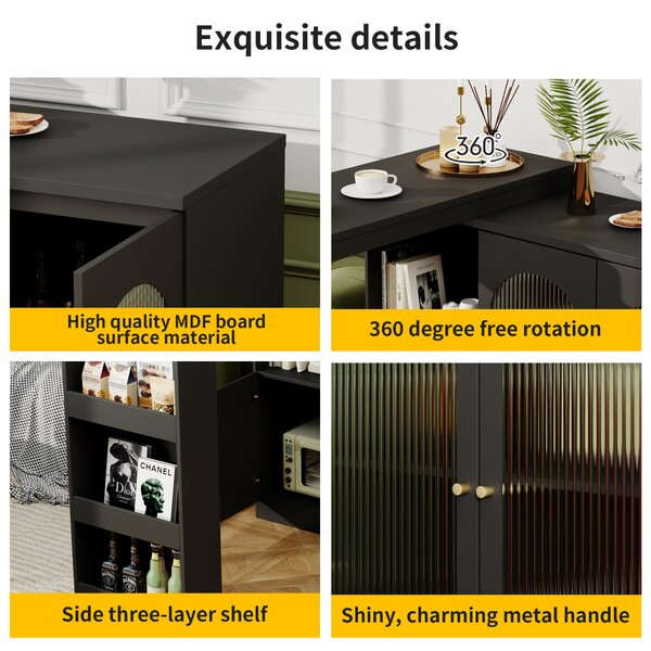 360° Rotating Kitchen Bar Table with Versatile Storage, Metal Handles, Dining Bar Cabinet with Glass Doors, 120L x 120W x 97H cm, Black Aosom.UK