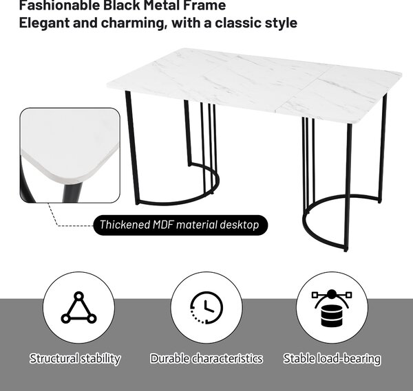 Modern Rectangular Extendable Dining Table with Adjustable Feet and Marble Pattern Top, Table Metal Frame, 140x80x75 cm, White/Black Aosom UK