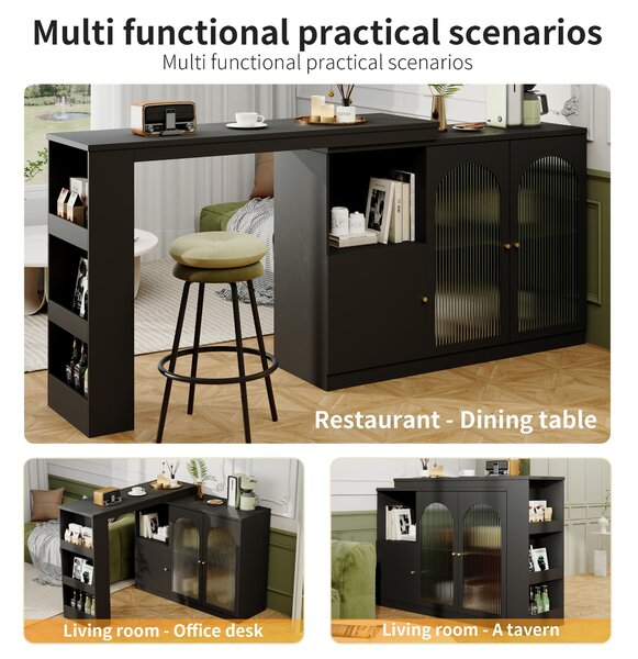 360° Rotating Kitchen Bar Table with Versatile Storage, Metal Handles, Dining Bar Cabinet with Glass Doors, 120L x 120W x 97H cm, Black Aosom.UK