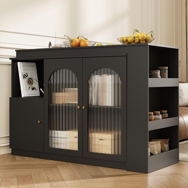 360° Rotating Kitchen Bar Table with Versatile Storage, Metal Handles, Dining Bar Cabinet with Glass Doors, 120L x 120W x 97H cm, Black Aosom.UK
