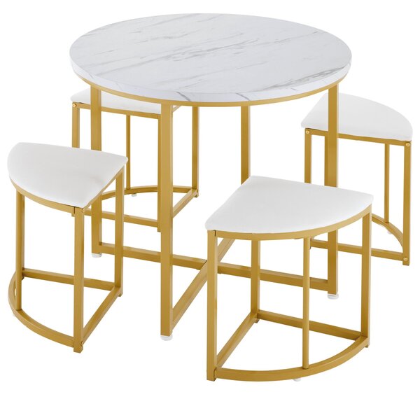 Dining Table and Chairs with 4 Velvet Chairs, MDF Top, Gold-Plated Iron Frame, Ideal for Living Room, 80L x 80W x 75H cm, White+Gold Aosom UK