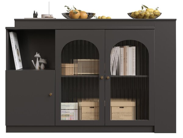 360° Rotating Kitchen Bar Table with Versatile Storage, Metal Handles, Dining Bar Cabinet with Glass Doors, 120L x 120W x 97H cm, Black Aosom.UK