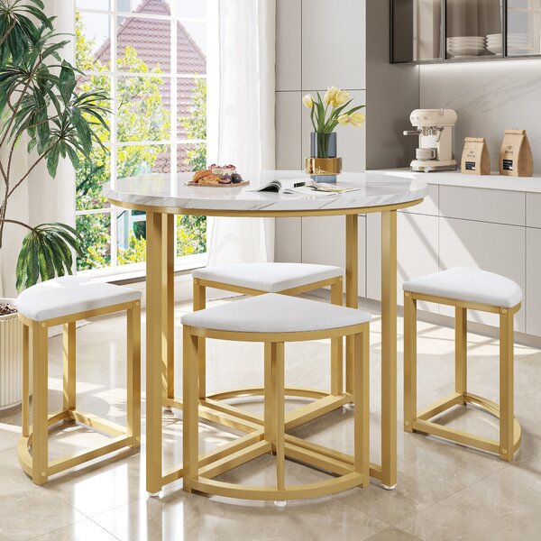 Dining Table and Chairs with 4 Velvet Chairs, MDF Top, Gold-Plated Iron Frame, Ideal for Living Room, 80L x 80W x 75H cm, White+Gold Aosom UK