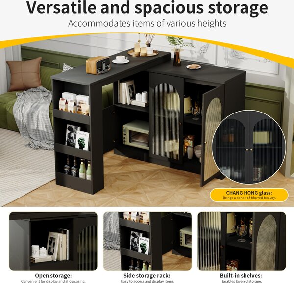 360° Rotating Kitchen Bar Table with Versatile Storage, Metal Handles, Dining Bar Cabinet with Glass Doors, 120L x 120W x 97H cm, Black Aosom.UK