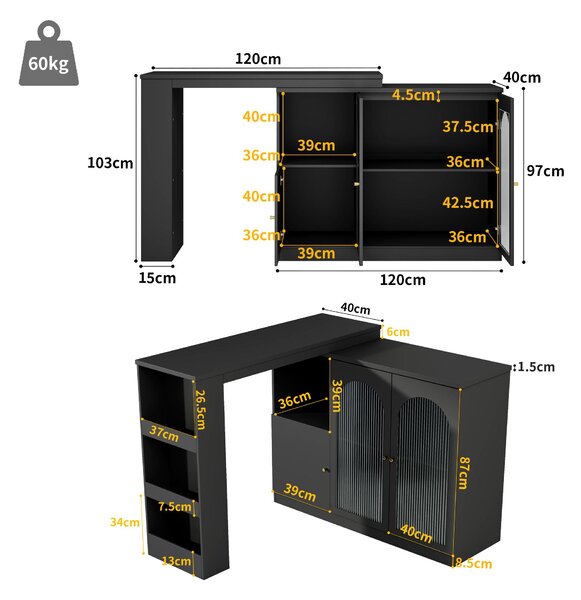 360° Rotating Kitchen Bar Table with Versatile Storage, Metal Handles, Dining Bar Cabinet with Glass Doors, 120L x 120W x 97H cm, Black Aosom.UK