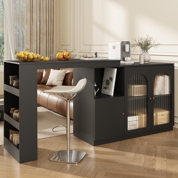 360° Rotating Kitchen Bar Table with Versatile Storage, Metal Handles, Dining Bar Cabinet with Glass Doors, 120L x 120W x 97H cm, Black Aosom.UK