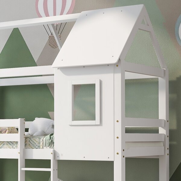 Children's Bunk Bed with Convertible Step Ladder and Window, Solid Pine Twin Sleeper, Twin over Full Bunk Bed, for Kids, White Aosom UK